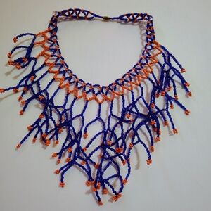 Handcrafted Blue and Orange Beaded Necklace